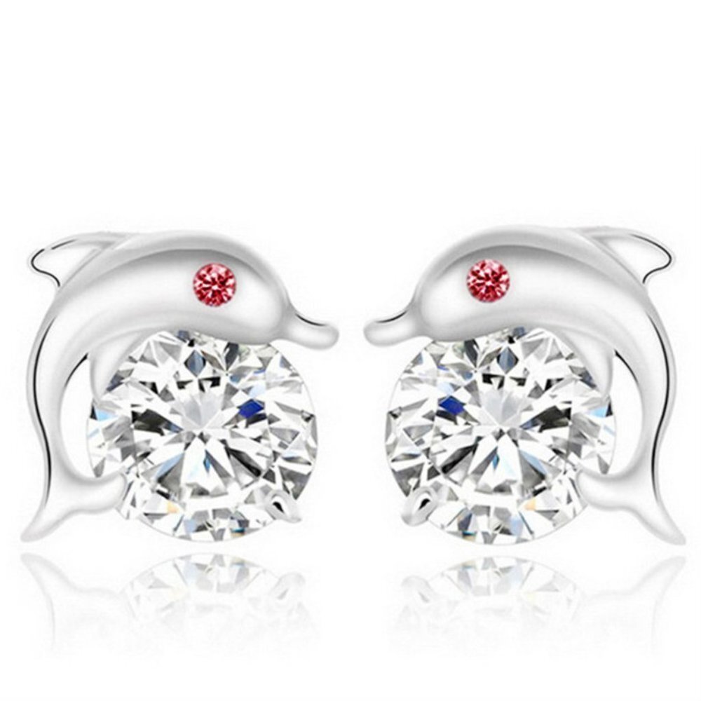 925 Silver Red Eye Dolphin Zircon Stud Earrings for Women, FB16FA1012